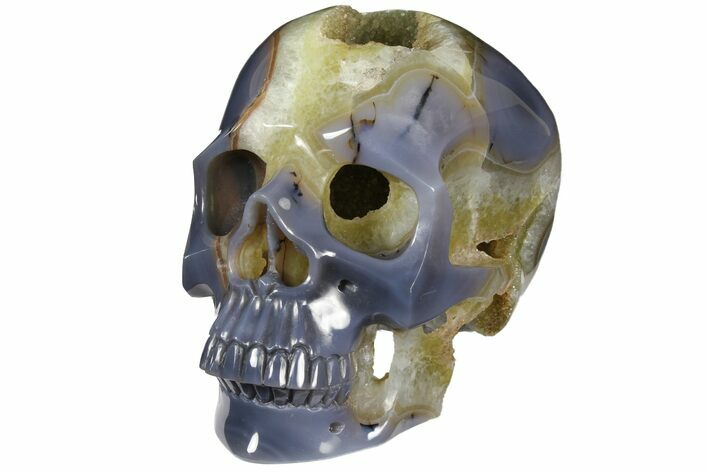 Polished Blue Agate Skull With Quartz Crystal Pocket #127601